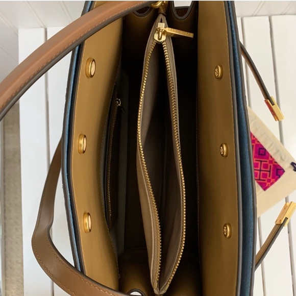 Tory Burch Two-Tone Tan Patchwork Leather Tote - Picture 7 of 8